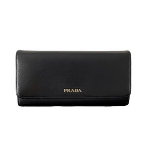 Prada black and red saffiano leather gold logo long snap wallet